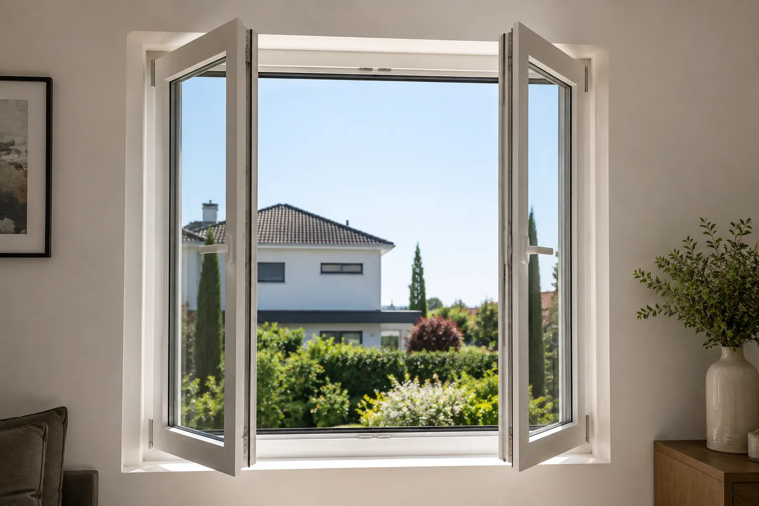 Ventana practicable de 2 hojas de aluminio abierta