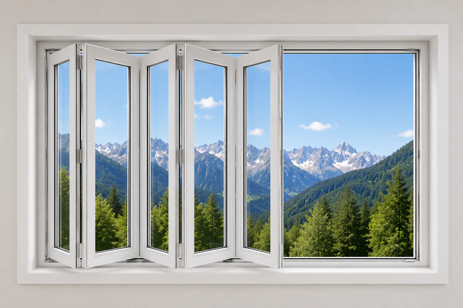 Ventana plegable de aluminio abierta