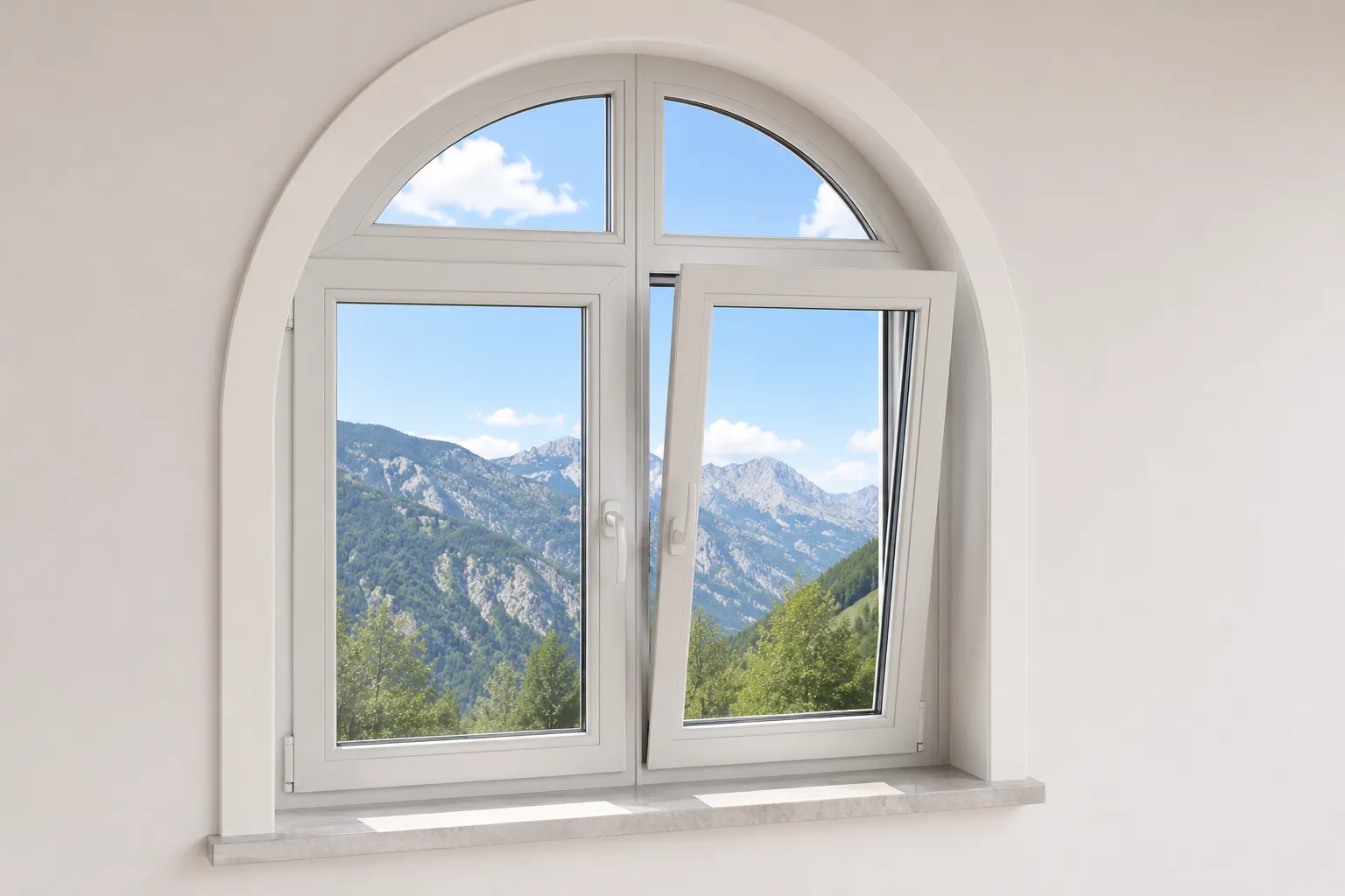 Ventana de arco de 2 hojas de aluminio con fijo superior abierto el derecho con apertura oscilante