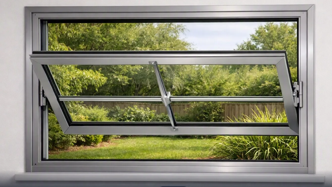 Ventana pivotante horizontal (basculante) de aluminio abierta