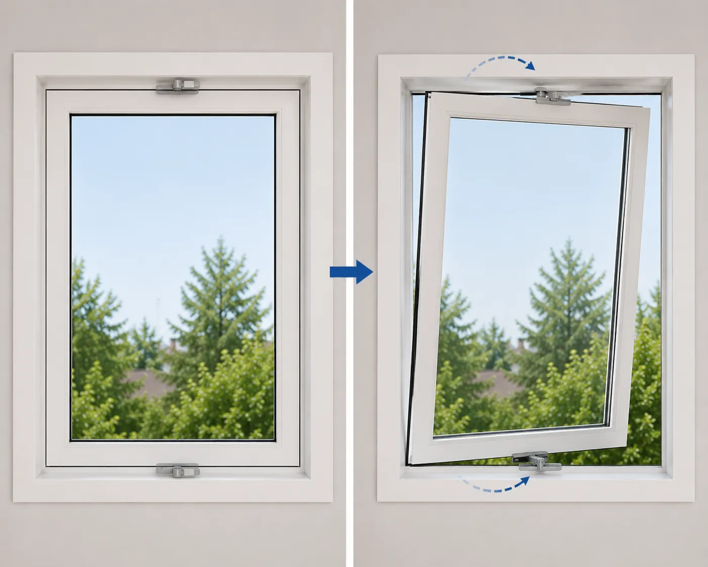 Ventanas pivotantes verticales de aluminio abierta y cerrada