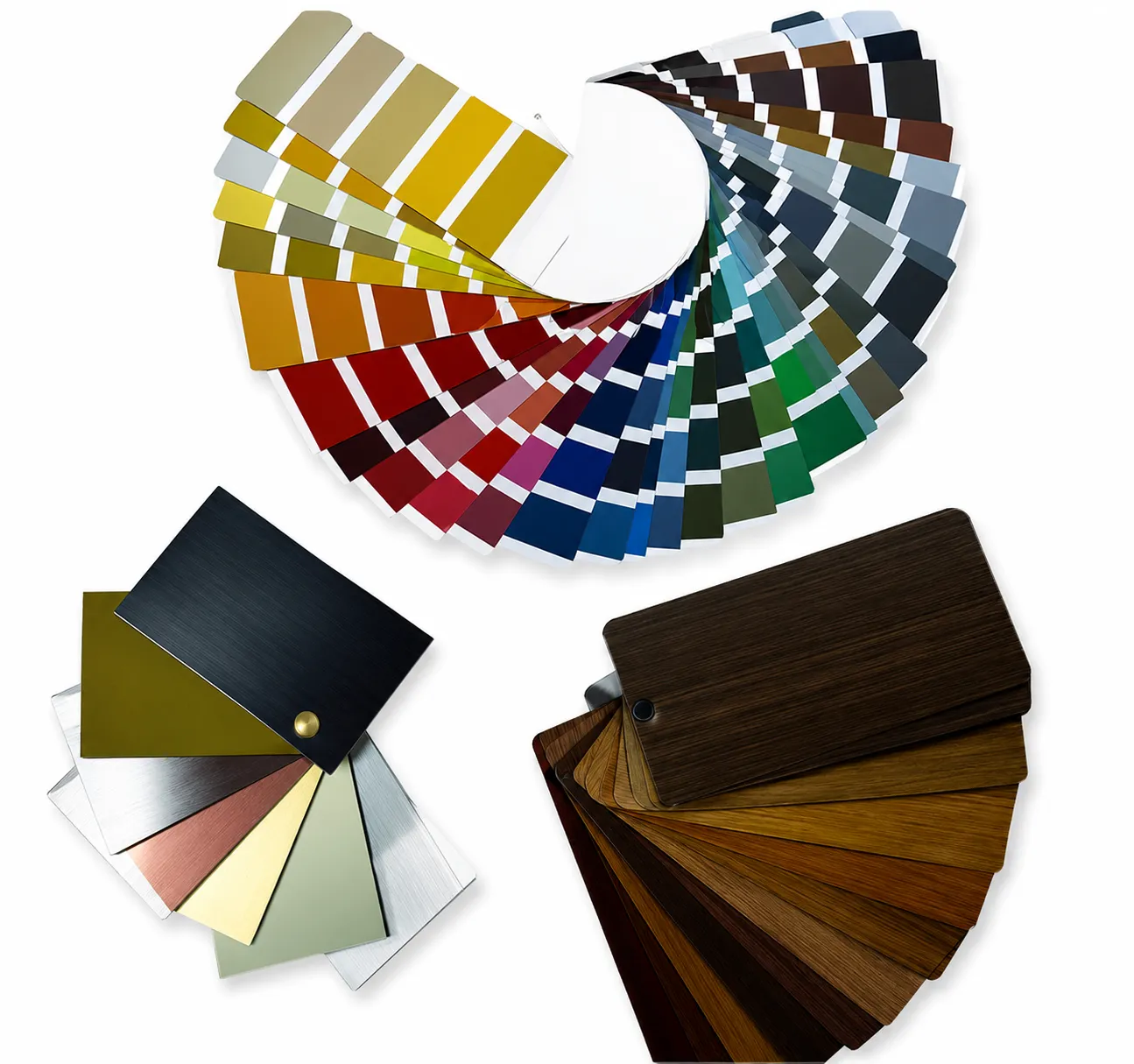 Muestrario de colores RAL, acabados lacados y texturas imitación madera para carpintería de aluminio