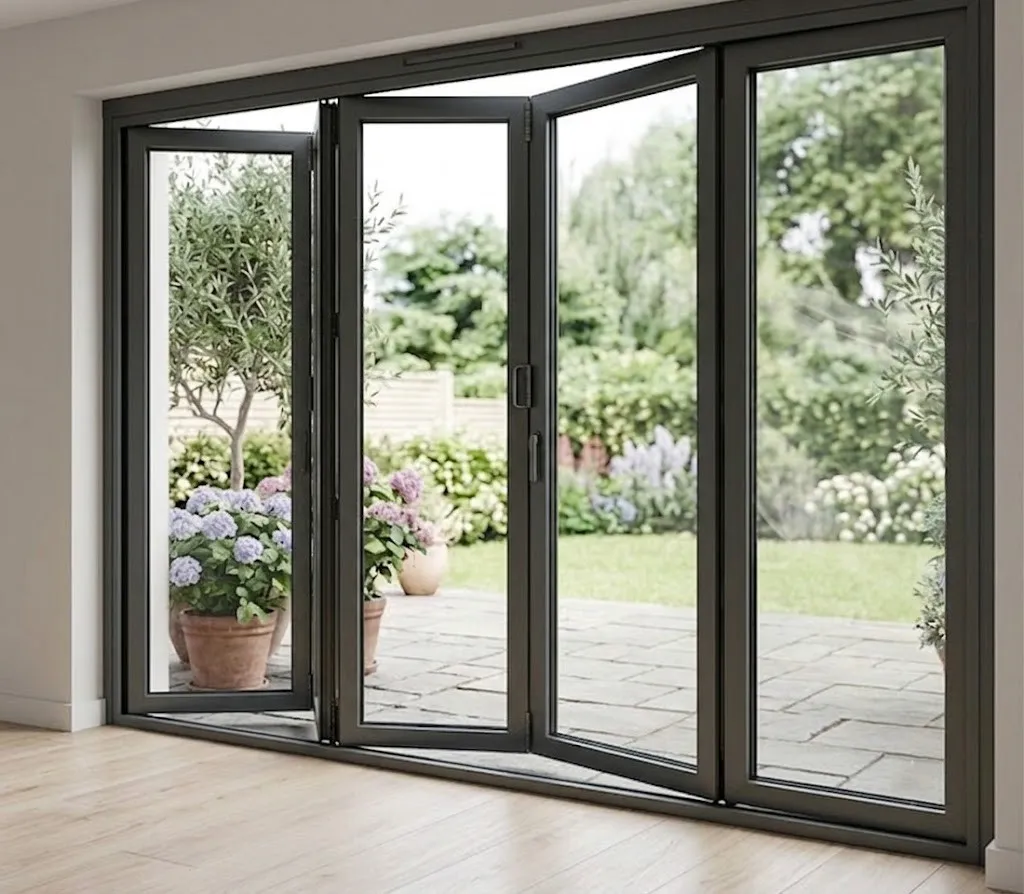 Puerta de aluminio plegable (acordeón) abierta