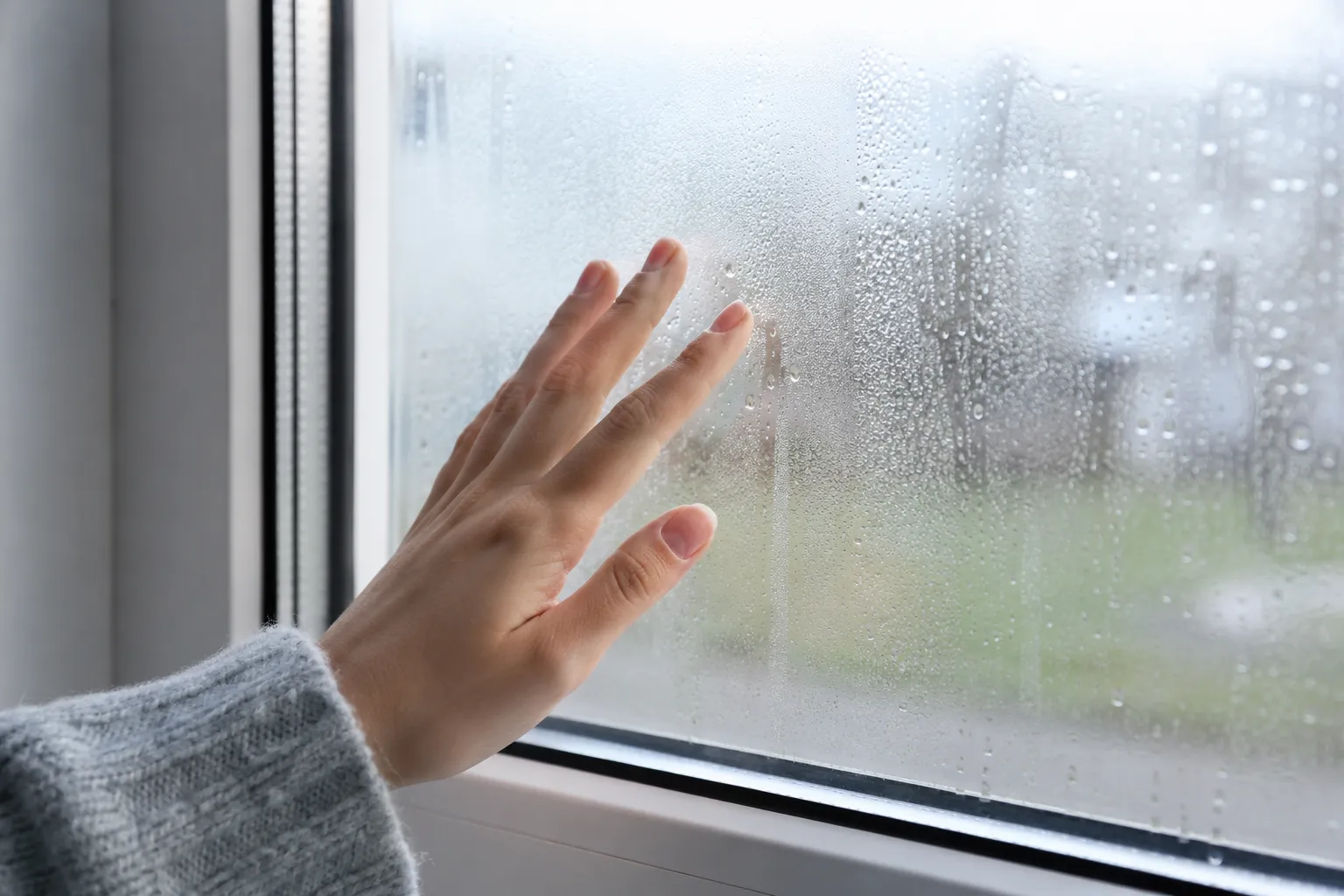 Mano tocando una ventana de doble cristal con condensación exterior reflejando aislamiento térmico eficiente