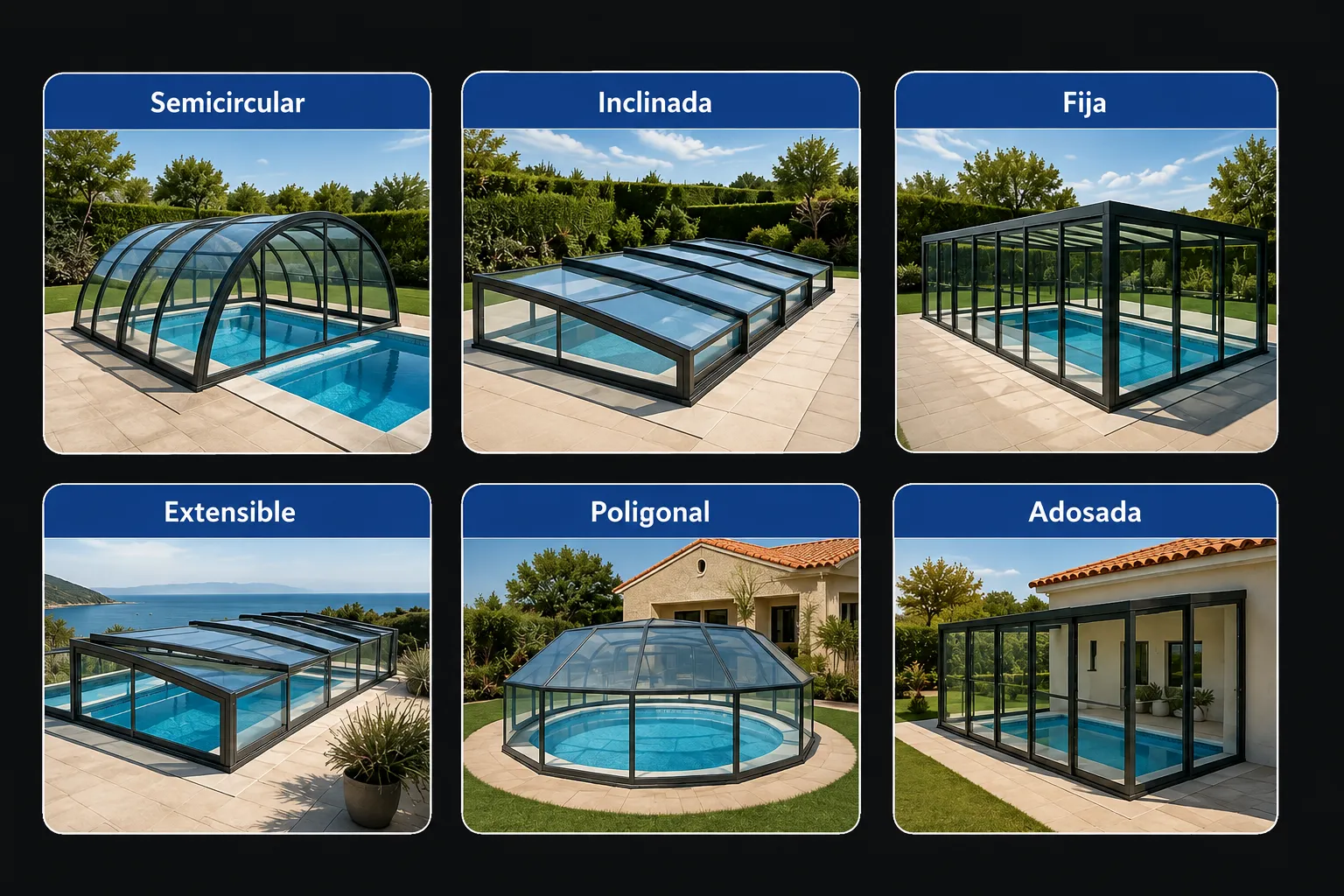 Esquema de diferentes tipologías de cubiertas de piscina en aluminio
