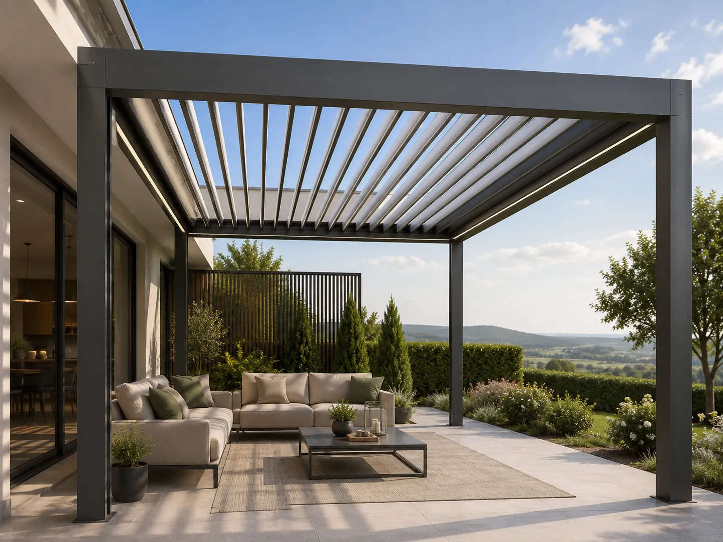 Pérgola bioclimática de aluminio con lamas orientables en terraza