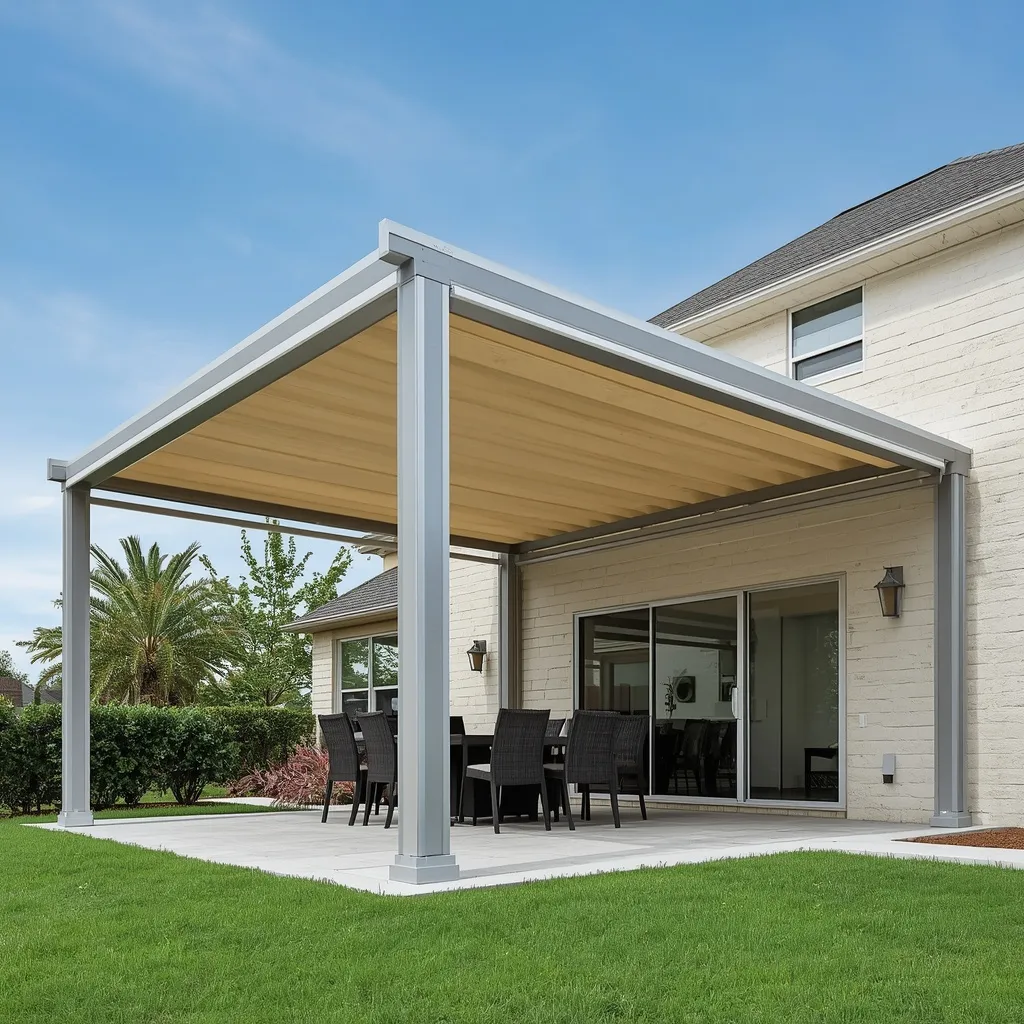 Pérgola de lona tensada motorizada desplegada