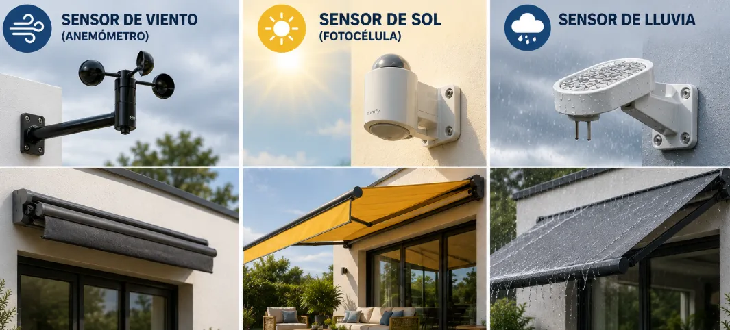 Sensores climáticos automáticos de viento, sol y lluvia instalados en la fachada junto al soporte de un toldo exterior