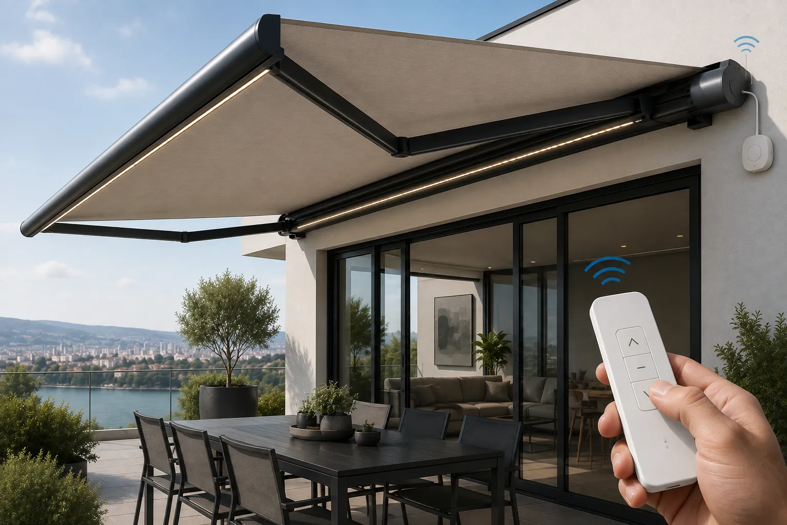 Motorización de toldos de terraza extendiéndose automáticamente con mando a distancia