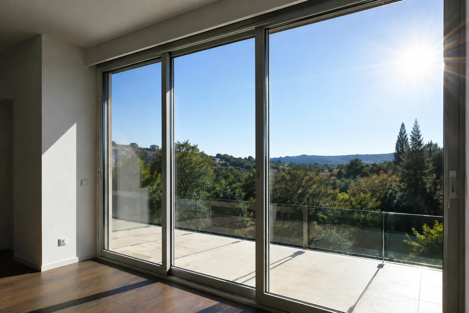 Ventana de salón orientada al sol directo filtrando la radiación solar y el calor veraniego