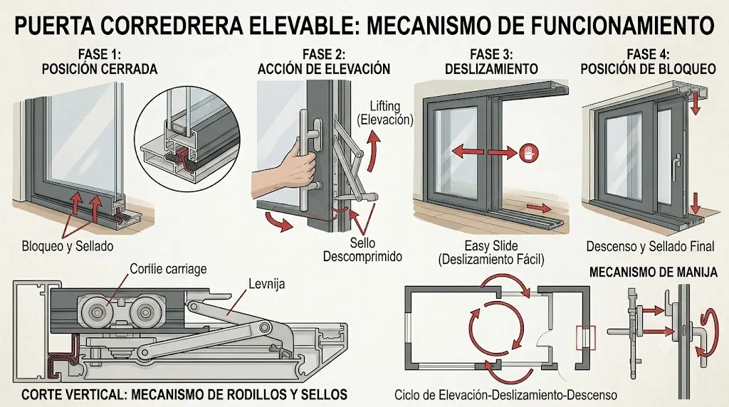 Dibujo de funcionamiento Puerta alevable corredera de aluminio