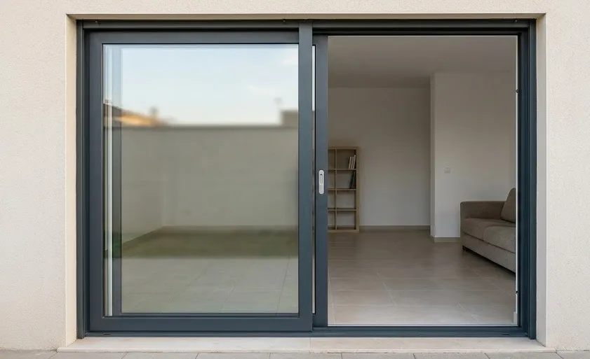 Puerta corredera de aluminio abierta por una hoja