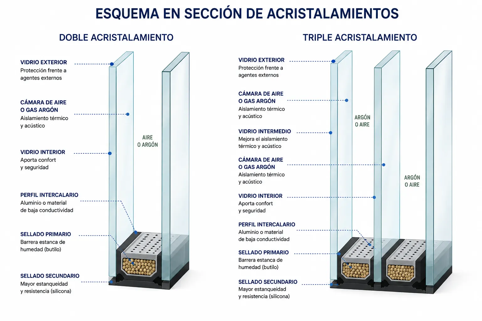 Cámara de vidrio aislante rellena de gas Argón con perfil warm edge