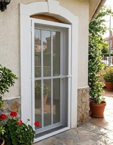 Puerta mosquitera abatible con bisagra de muelle de retorno en salida exterior