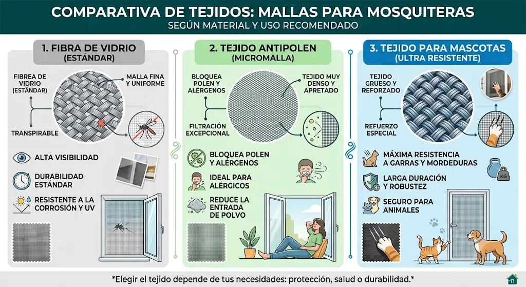 Comparativa de tejidos de fibra de vidrio, antipolen y mascotas