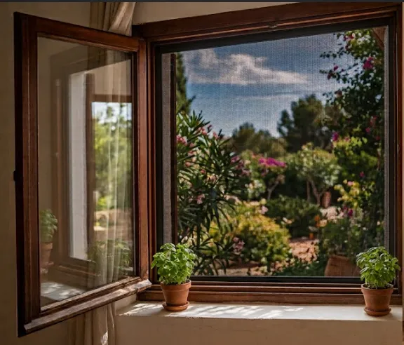 Mosquitera negra instalada en ventana de salón con aire fresco
