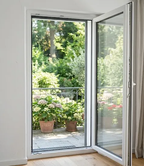 Puerta Oscilobatiente de aluminio abierta con apertura practicable