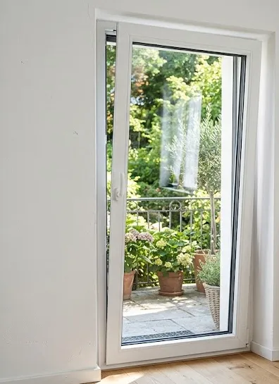 Puerta Oscilobatiente de aluminio abierta con apertura oscilante