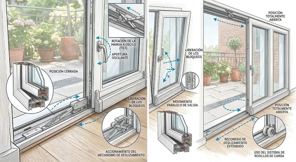 Dibujo de funcionamiento de Puerta de aluminio Osciloparalela