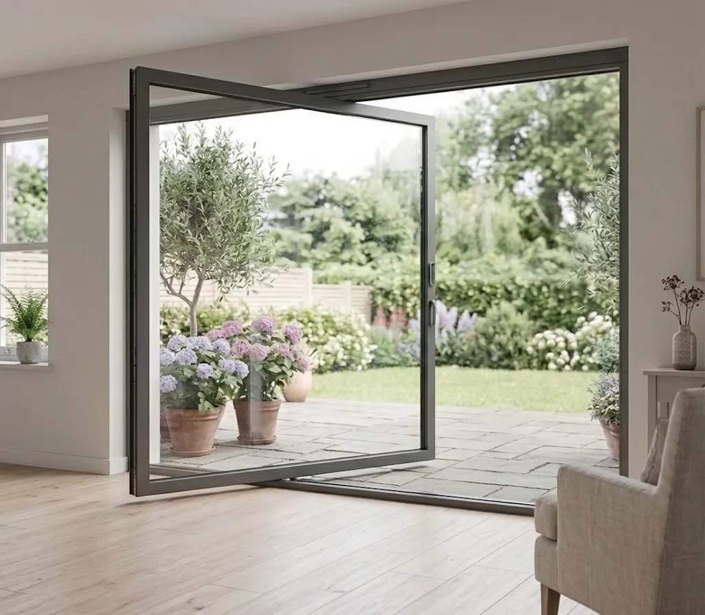 Puerta de aluminio pivotante vertical abierta