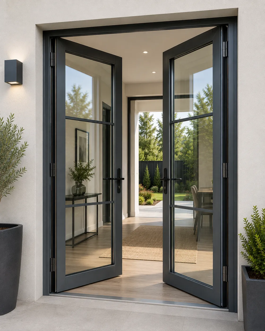 Puerta practicable de aluminio de 2 hojas abierta
