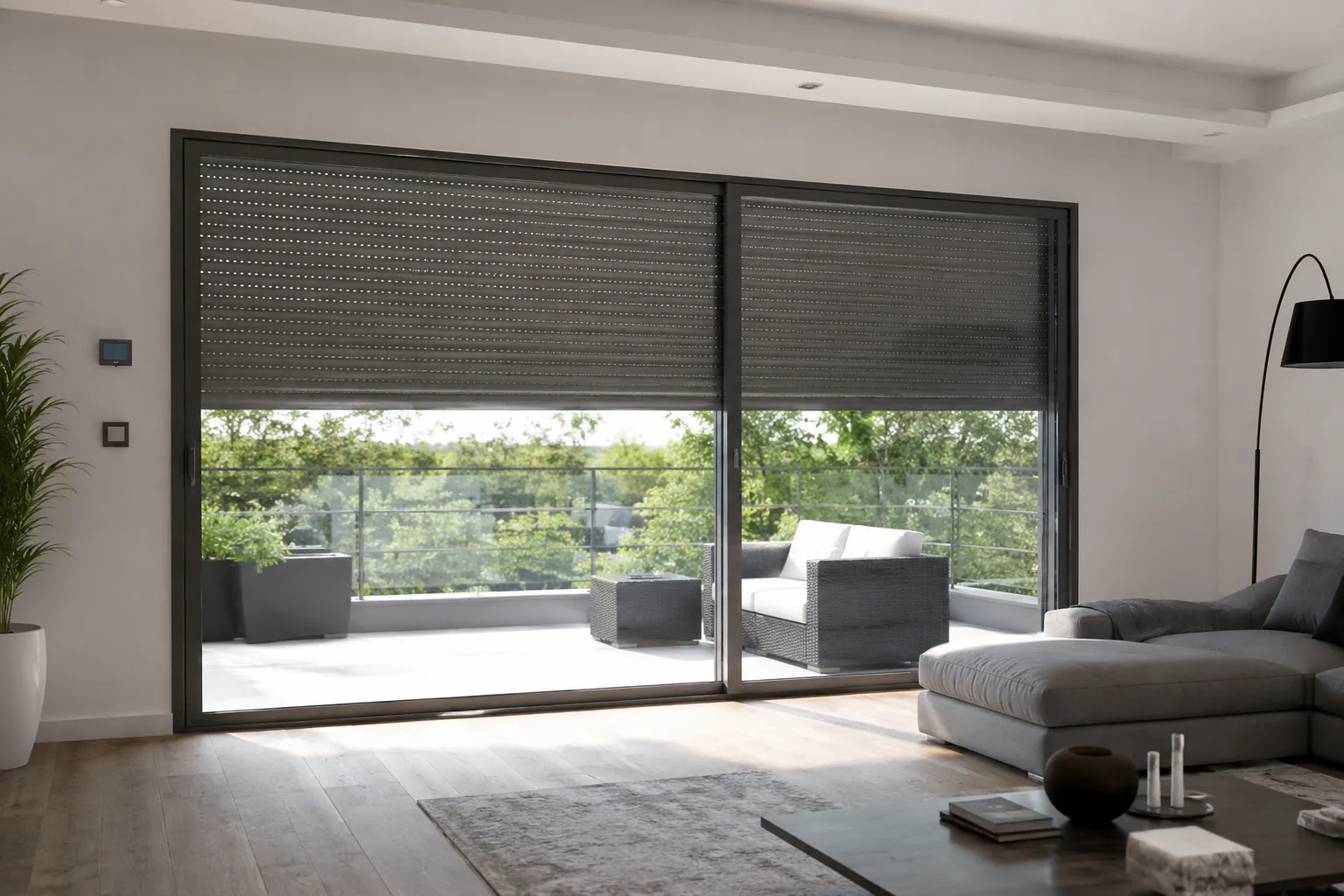 Persiana de aluminio motorizada en salón moderno